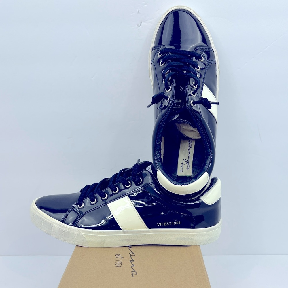 VINTAGE HAVANA, TENNIS SHOES, NAVY BLUE & WHITE STRIPE SHINY (PATENT), SIZE 8